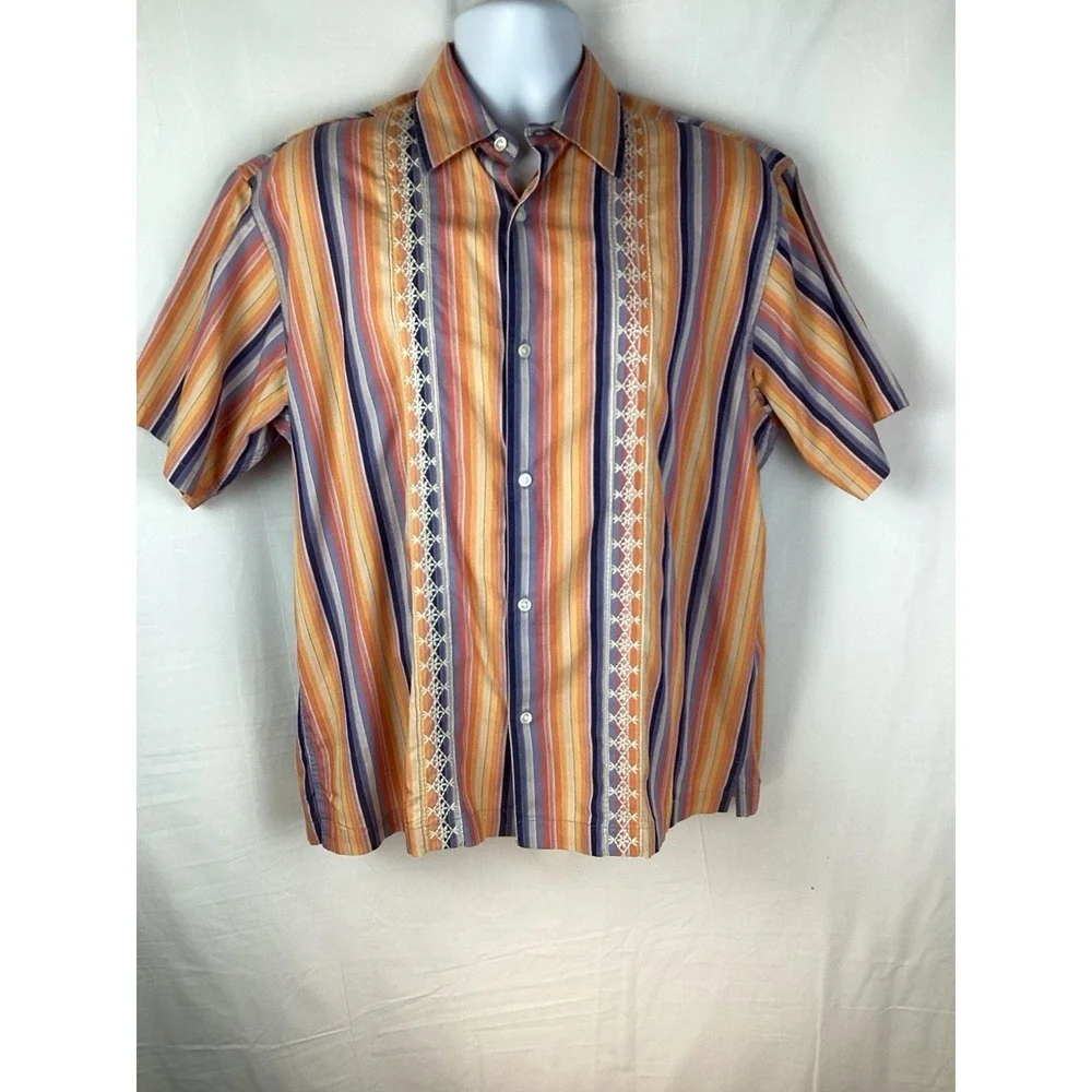 Banana Republic Guayabera Style Short Sleeve Shirt Mens Medium Stripe Embroidery
